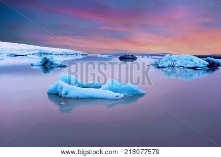 Solheimajokull Glacier in Iceland at sunset