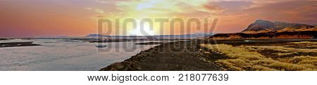 Panorama landscape on Iceland at the solheimajokull gletsjer at sunset