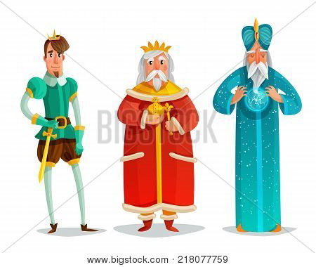 Royal characters cartoon set including prince with sword, king, wise man with energy ball isolated vector illustration