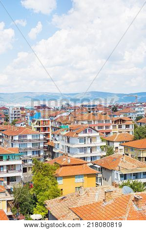 Beautiful roofs of Nessebar, view from above-summer, sun