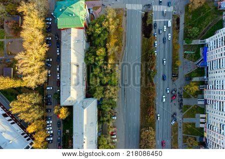 Tyumen, Russia - October 10, 2017: Aerial view on 50 Let Oktyabrya streer