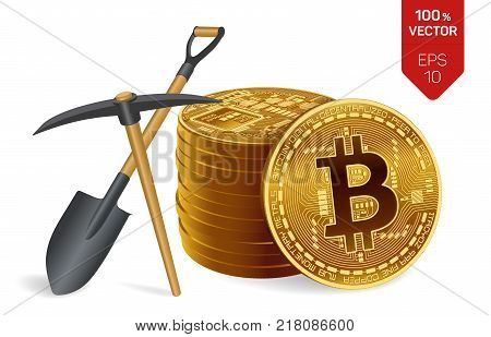 Bitcoin mining concept. 3D isometric Physical bit coins with pickaxe and shovel. Digital currency. Cryptocurrency. Stack of golden coins with bitcoin symbol on white background. Vector illustration