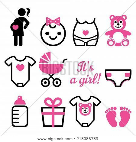 Baby girl shower vector icons set, pregnant womant with girl, newborn baby design