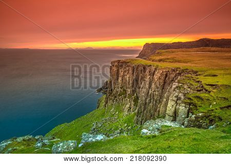 Waterstein Head, sunset walk along dramatic coastline, visiting the top of three great coastal cliffs. Duirinish coast, Isle of Skye, Highlands, Scotland, UK