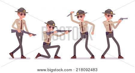Male sheriff and weapons. Chief executive officer wearing official uniform equipped with safety devices. Law and justice concept. Vector flat style cartoon illustration isolated on white background