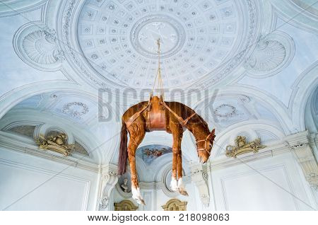 Rivoli Italy - August 14 2016: The work by Maurizio Cattelan titled Novecento in the museum of modern art housed in the halls of the Royal catle of Rivoli