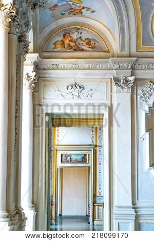 Rivoli Italy - August 14 2016: Paintings and decorations of the halls of the Royal catle of Rivoli