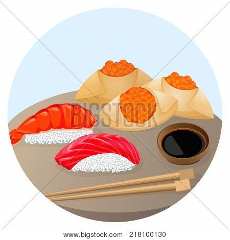 Served Chinese food dim sum with rice covered by shrimp and salmon, fried steamed dumplings with red caviar vector illustration isolated on white