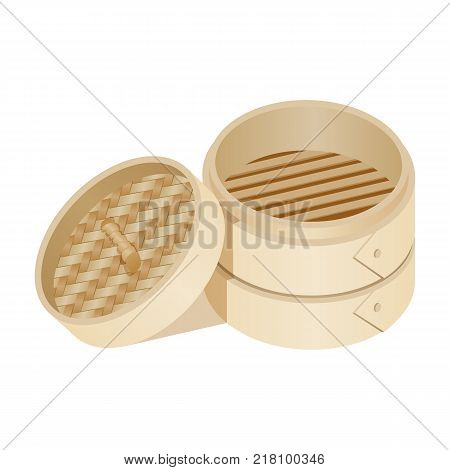 Traditional dim sum empty basket made of bamboo material, package for carrying chinese food vector illustration isolated on white background
