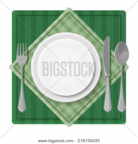Served dinner plate with cutlery spoon fork and knife on green checkered napkin vector illustration banner top view isolated banquet serving design