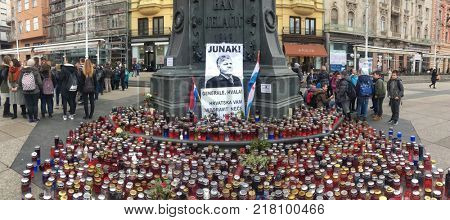 ZAGREB, CROATIA - 8 DECEMBER 2017: Candles and flags honouring the war criminal Slobodan Praljak on the main square in the capital city.