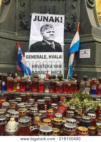 ZAGREB, CROATIA - 8 DECEMBER 2017: Candles and flags honouring the war criminal Slobodan Praljak on the main square in the capital city.