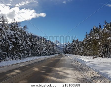 Winter mountain landscape with rocks and snow in Russia