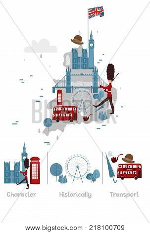 vector flat England map with symbols concept set. Marching beefeater, british phone booth, Tower Bridge and Big Ban Tower of London, gentleman hat, umbrella, smoking pipe, union jack flag icon.