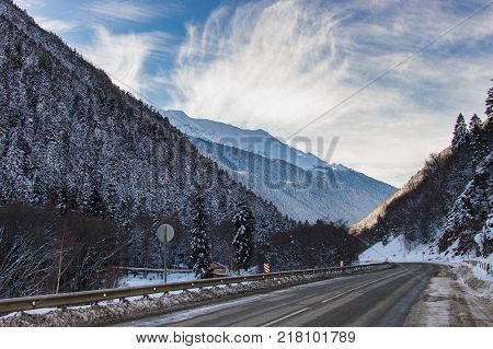 Winter mountain landscape with rocks and snow in Russia