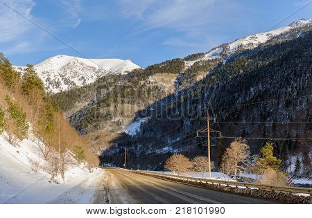 Winter mountain landscape with rocks and snow in Russia