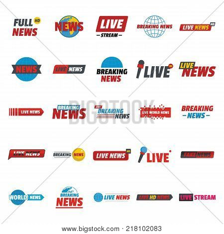 News live breaking label icons set. Flat illustration of 25 news live breaking label vector icons for web