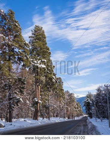 Winter mountain landscape with rocks and snow in Russia