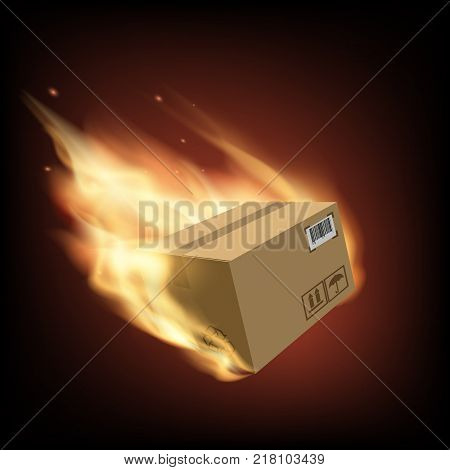 Box on fire. Cargo delivery. Free and fast freight transportation around the world. Parcels by mail. Stock vector illustration.