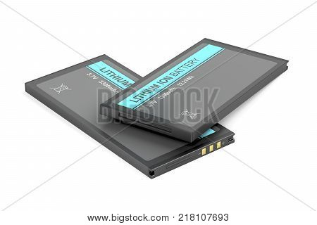 Two rechargeable Li-ion batteries on white background, 3D illustration