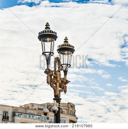 Bucharest Romania October 10 2017 : Street lamp standing on the Boulevard Corneliu Coposu in Bucharest city in Romania