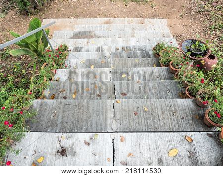 Concrete staircase with carck for use in the rural train stationcountryside of Thaiand.