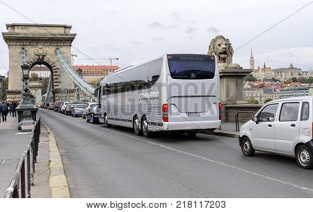 BUDAPEST, HUNGARY- 28 OCTOBER 2017: Cars on the Szechenyi Bridge in Budapest.