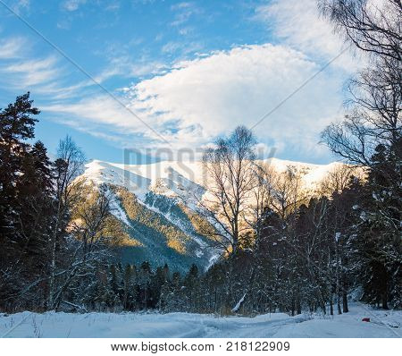 Winter mountain landscape with rocks and snow in Russia