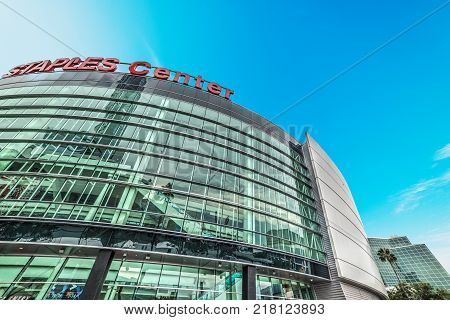 LOS ANGELES CALIFORNIA - OCTOBER 27 2016: Staples Center arena in downtown Los Angeles