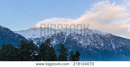 Winter mountain landscape with rocks and snow in Russia