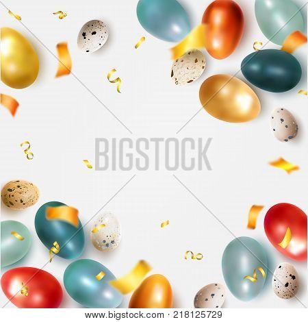 Easter card with colored realistic chicken eggs and quail. Festive vector illustration suitable for design of advertising banner leaflet poster poster flyer. Vector illustration