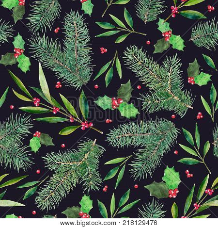 Fir rtree holly seamless patter hand-drawn watercolor illustration isolated on black background. Design for textile wrapping paper backdrop.