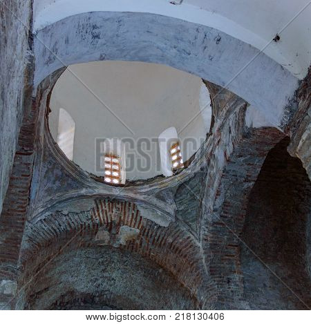 North Caucasus. Lower-Arkhyz settlement. Abandoned orthodox temple. Winter landscape