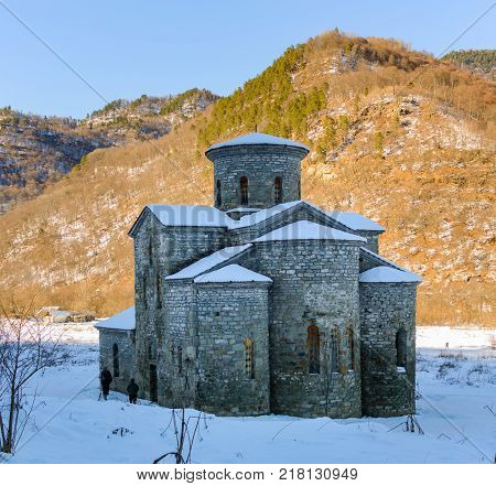 North Caucasus. Lower-Arkhyz settlement. Abandoned orthodox temple. Winter landscape