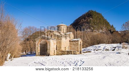 North Caucasus. Lower-Arkhyz settlement. Abandoned orthodox temple. Winter landscape