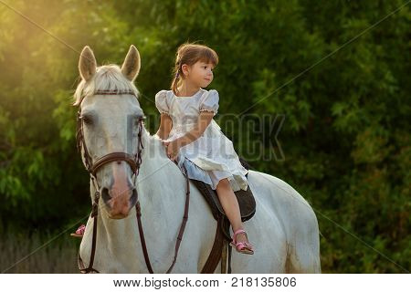 the little girl sits on a white horse astride