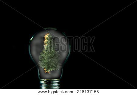 Burning pine tree inside of a light bulb with a lot of smoke.