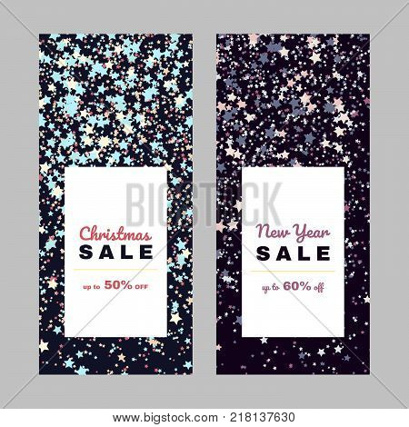 Shopping sale design. Christmas offer banner. Copy space. Shining stars in the dark winter night. Simple flyer design. Frame leaflet or web banner. Winter postcard.