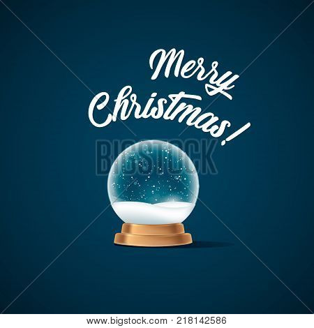 Snow globe on blue background. Merry Christmas and Happy New Year 2018.