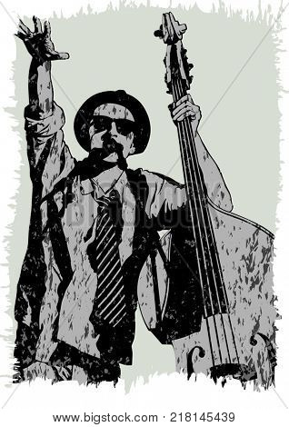 Musician with bass in country style on a white background