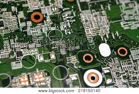 Electronic microcircuits close-up. Many micronutrients on the board