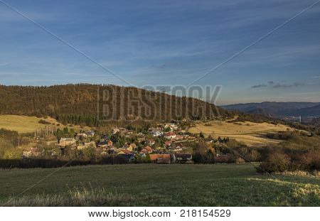 View For Dobetice Village And Part Of Town Usti Nad Labem In Winter Sunny Day