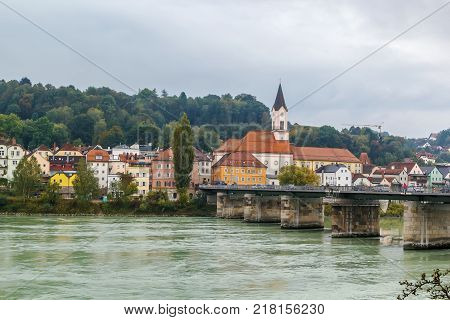 View of Marienbrucke bridge and St. Gertraud church Passau Germany
