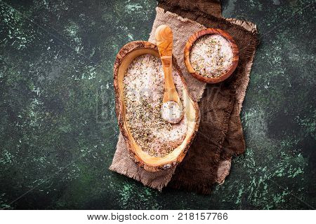 Himalayan salt with dried herbs. Aromatic spices. Selective f ocus