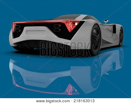 White racing concept car. Image of a car on a blue glossy background. 3d rendering