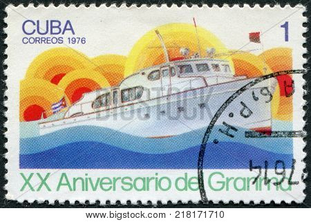 CUBA - CIRCA 1976: A stamp printed in Cuba is dedicated to the 20th anniversary of the revolution shows motor boat 