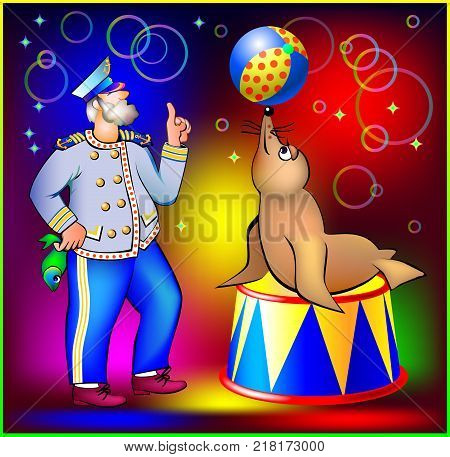 Illustration of old sailor training seal to juggle ball, vector cartoon image.