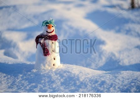 Little small Snowman in snow with copy space