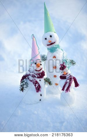 Little small Snowman in snow with copy space