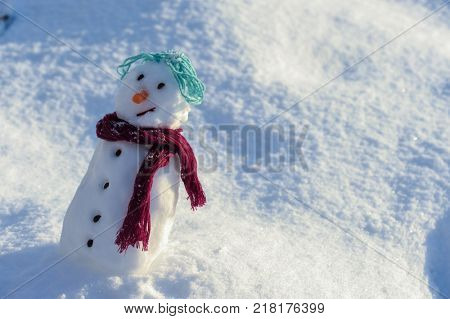 Little small Snowman in snow with copy space